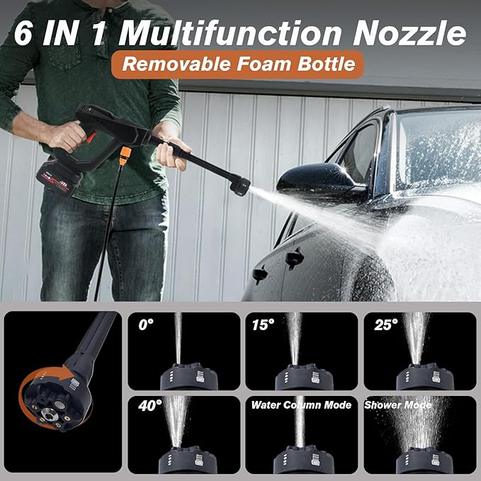 Portable Cordless Pressure Washer, Electric Pressure Washer Battery Powered with 2 Batteries & 6-in-1 Nozzle, 16FT Hose,Handheld Car Washer for Floor Wall Fence Cleaning Garden Watering