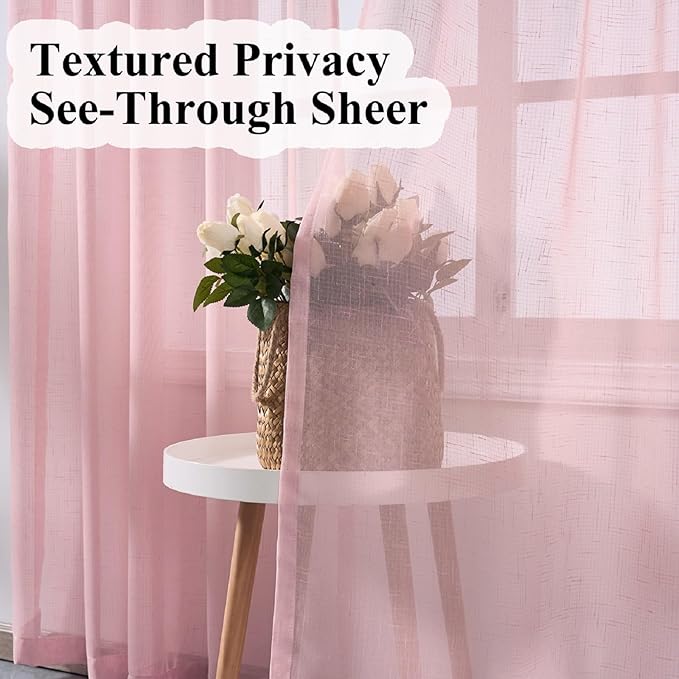 Blush Pink Sheer Curtains 90 Inches Long, Linen Look Textured Light Filtering Drapes for Girls Room Decor, Light Pink Transparent Window Treatments, Pinch Pleat Curtain with Hooks
