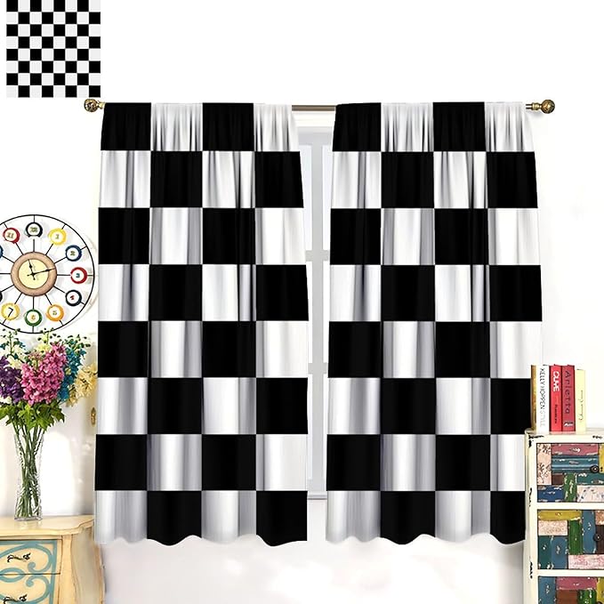 Black Checkered Curtains,70s Vintage Twisted Checkered Window Drapes Colorful Groovy Trendy Wavy Hippie Grid Print Window Treatments for Kids Boy Bedroom Living Room 42" W X 63" L