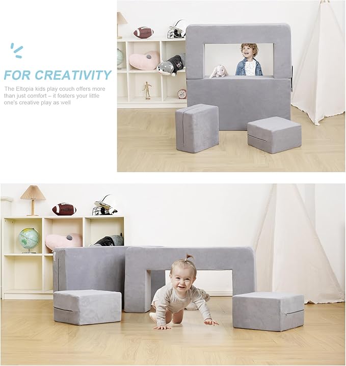 Modular Kids Sofa,Toddler Couch Foam Armchair for Kids, Children Convertible Plush Sofa Play Set,Fold Out SofaBed(Grey)