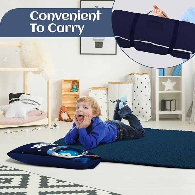 Toddler Nap Mat Kids Sleeping Bag 59‘’×24‘’, Soft Slumber Bag with Removable Pillow for Kids Girls Boys,Roll Up Sleeping Mat Lightweight for Camping,Daycare, Kindergarden
