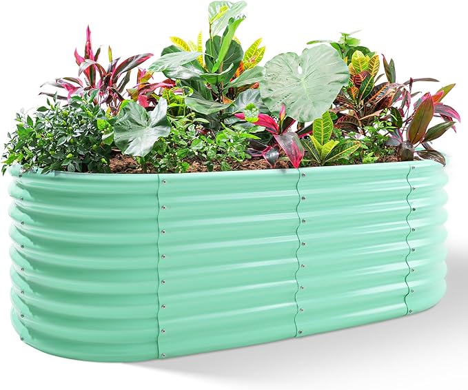 Land Guard 24“ Tall 4×2ft Galvanized Raised Garden Bed Kit, Galvanized Planter Garden Boxes Outdoor, Oval Large Metal Raised Garden Bed for Vegetables (Lime Green, 4×2×2ft)