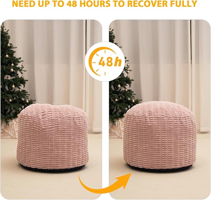 Round Stuffed Pouf Ottoman for Foot Rest, Storage Ottoman Pouf Foot Stool Cushion, Faux Fur Poufs with Foam Chunk Filling, 26 X 18 Inch Floor Chair for Living Room Bedroom Home Decor, Pink