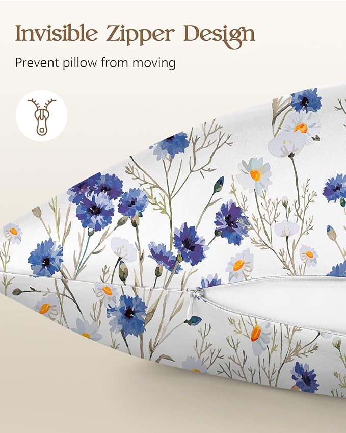 Silk Pillowcase 2 Pack - Cute Pillow Cases 20" x 26" Standard Size Set of 2 for Hair and Skin Smooth Soft Breathable with Hidden Zipper Cooling Pillow Covers for Sleeping, Blue Daisy