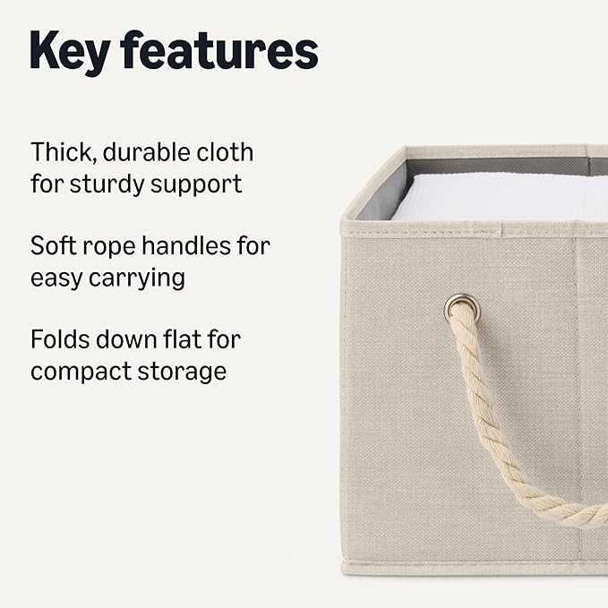 Amazon Basics Foldable Storage Bins with Rope Handles, Linen, Large, Pack of 3