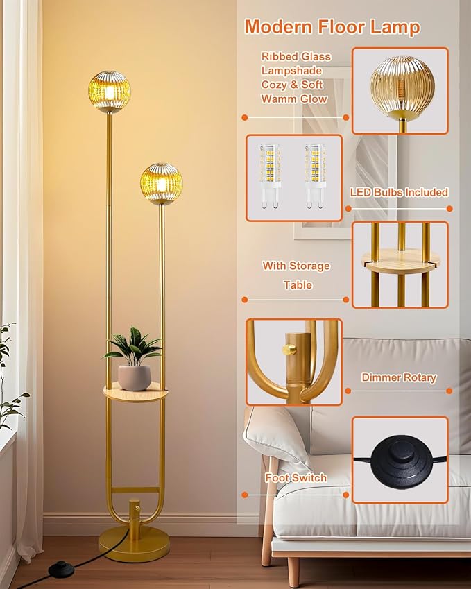 Glass Floor Lamp with Tray, Mid Century Modern Standing Lamps