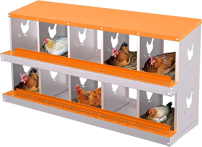 Chicken Nesting Boxes, 10-Hole Roll Away Nest Box for Chicken Coop, Metal Egg Laying Box with Perch & Lid Cover to Protect Eggs, Rollout Egg Collection, Vented Holes Orange