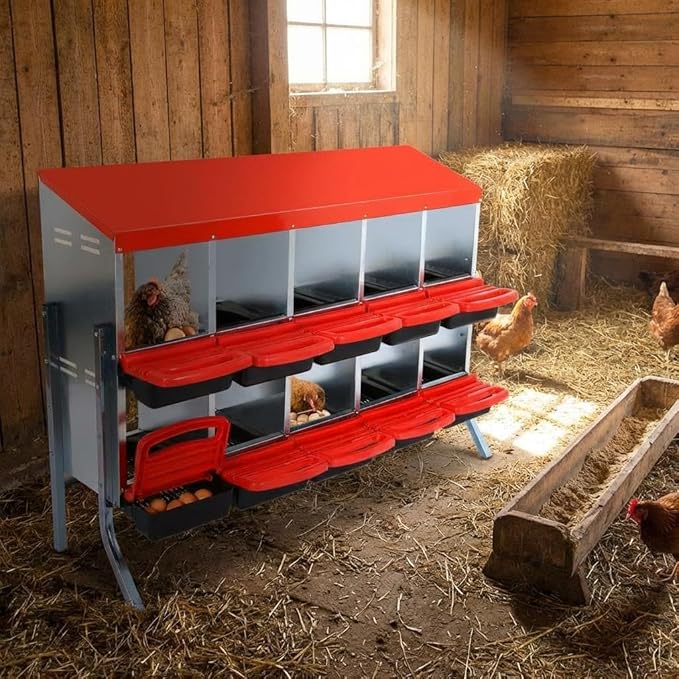 GarveeHome 2-Tier Chicken Nesting Box, 10 Compartment Metal Chicken Laying Boxes with Waterproof Roof ＆ Removable Trays for Hens, Poultry，Easy Egg Collection