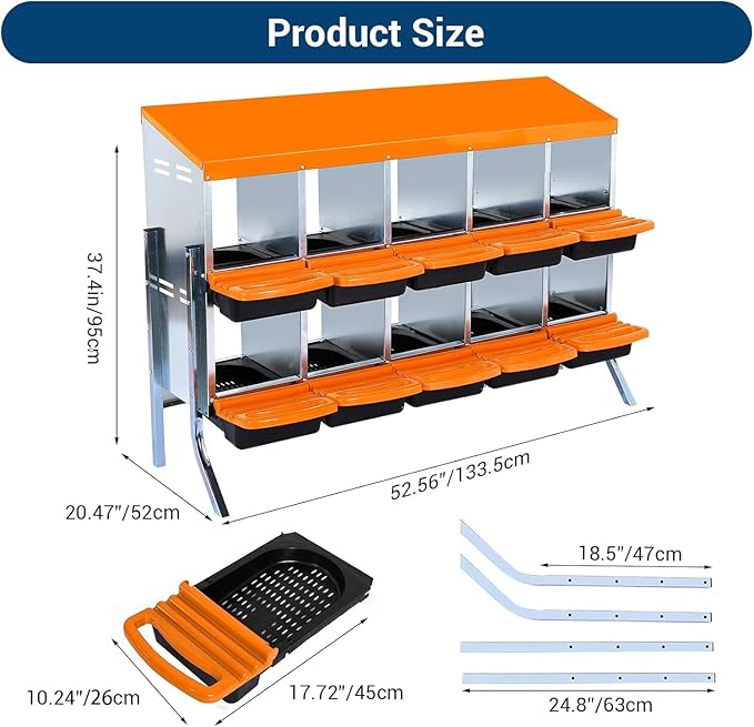 Chicken Nesting Box, 10 Hole 2 Layer Hen Nest Boxes with Legs, Roll-Away Egg Collection System with Ventilation Holes，Rustproof Plastic Tray & Keyhole Mounting, Chicken Laying Box