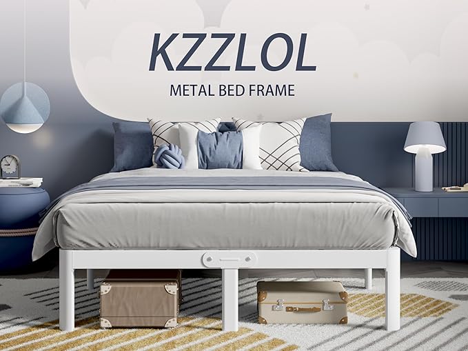 White Bed Frame Queen Size 14 Inch, Metal Queen Bed Frame No Box Spring Needed, Heavy Duty Steel Support 3500 LBS, DIY Headboard, Noiseless, Round Corner Legs, Storage Space, Easy Assembly