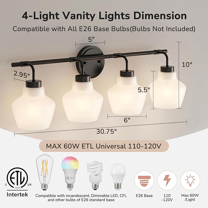 USHOWER 4-Light Bathroom Light Fixtures, Vanity Lights