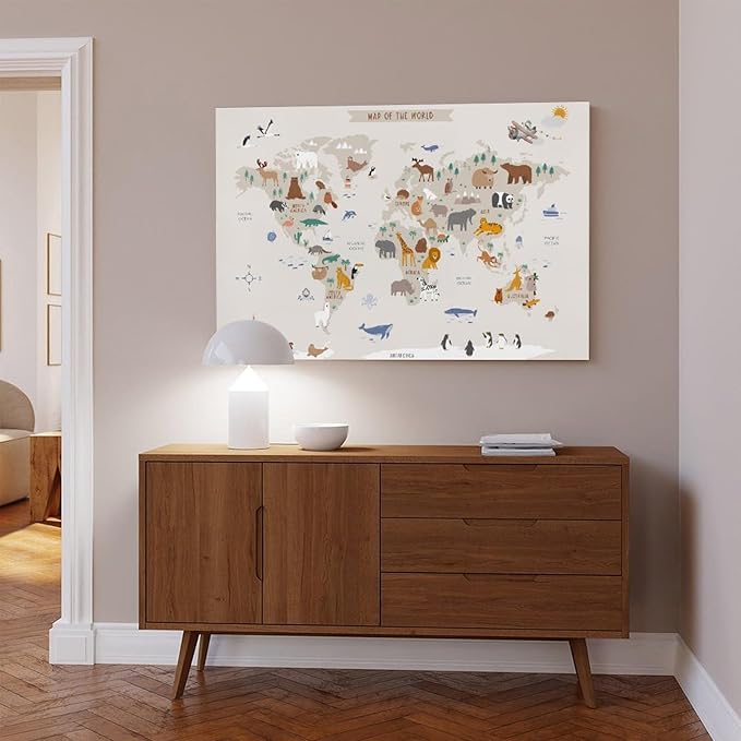 KIPNG Kids World Map - Playroom Animal World Map - Nursery Educational Poster Canvas Poster Wall Art Picture Paintings for Living Room Bedroom Decoration Unframe-style12x18inch(30x45cm)