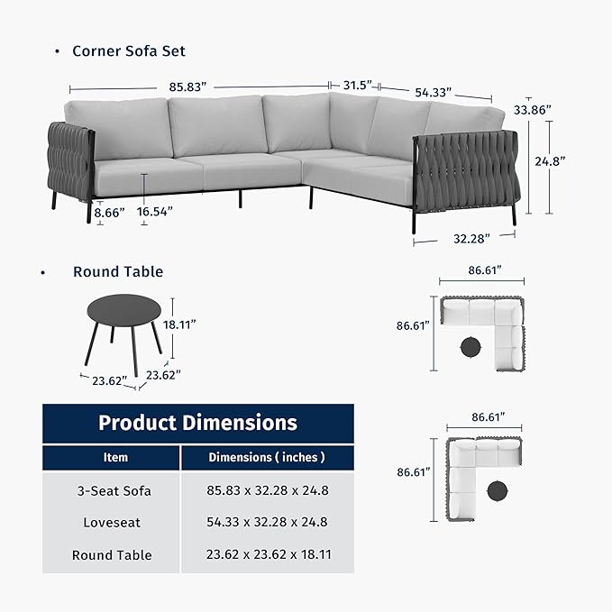 EAST OAK Corner Patio Furniture Set | Life Chatter 5-Seat Outdoor Furniture | Deep Seating Corner Sofa with Round Coffee Table | Extra-Thick & Washable Cushions | Misty Grey