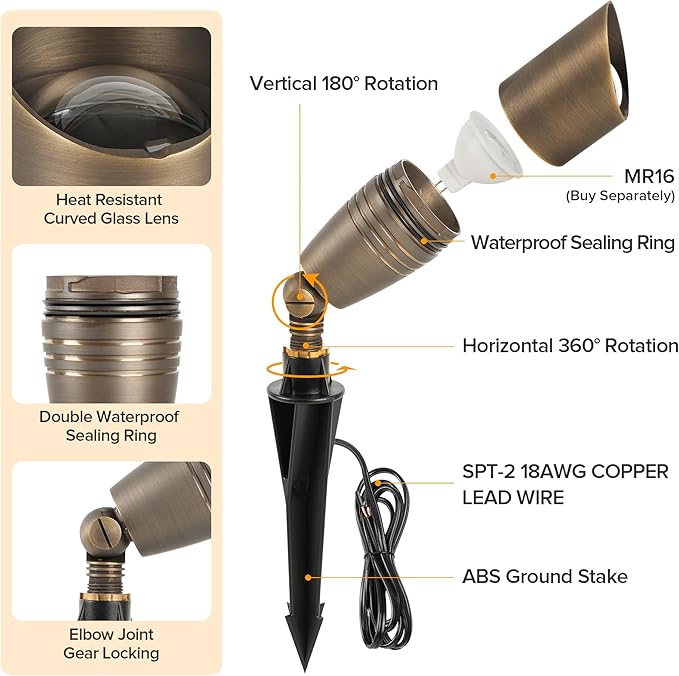 LUTEC Solid Brass Low Voltage Landscape Lighting, 12V Heavy Duty Waterproof