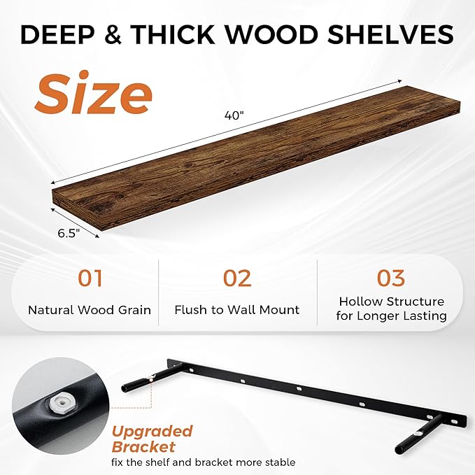 Floating Shelves for Wall, 40 Inch Floating Shelves for Home Decor, Wall Mounted Rustic Wood Shelves, Bathroom, Hanging Deep Shelf for Bedroom, Living Room, Kitchen (Rustic Brown, Set of 2)