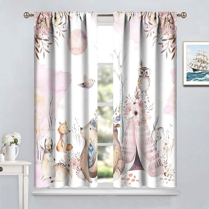 Forest Animal Curtains for Kids, Pink Watercolor Woodland Animal Window Treatments Fox Deer Owl Wildlife Safari Jungle Bear Window Drapes for Girls Nursery Toddler Bedroom 72x63in