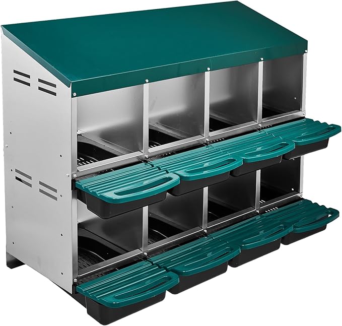 8 Compartment Chicken Nesting Box with Roll Away Egg Design - Wall Mount Hen Laying Box with Pull-Out Trays for Easy Egg Collection, Cleanable & Chicken Coop Accessories, 8 Holes, Green