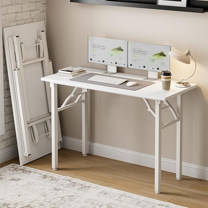 Frylr Small Folding Computer Desk – Portable 43.3 Inch Foldable Laptop Table, Collapsible and Compact for Easy Storage and Fast Setup, Lightweight for Small Spaces, Craft and Study Use, White