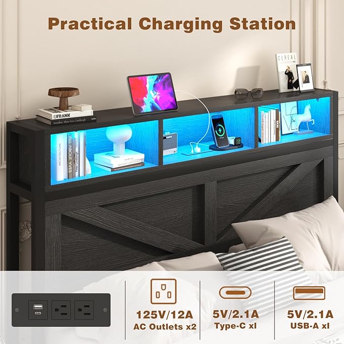 Farmhouse Queen Bed Frame with Bookcase Storage Headboard, Charging Station