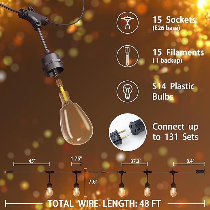 Outdoor String Lights 48 ft, LED Patio Lights