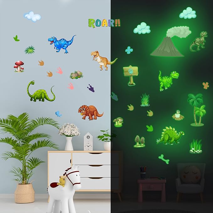 Glow in The Dark Dinosaur Wall Decals Stickers, Removable Footprints Dino Stickers for Ceiling, Jungle Wall Decor for Nursery, Decoration Classroom Gift for Boy Toddlers