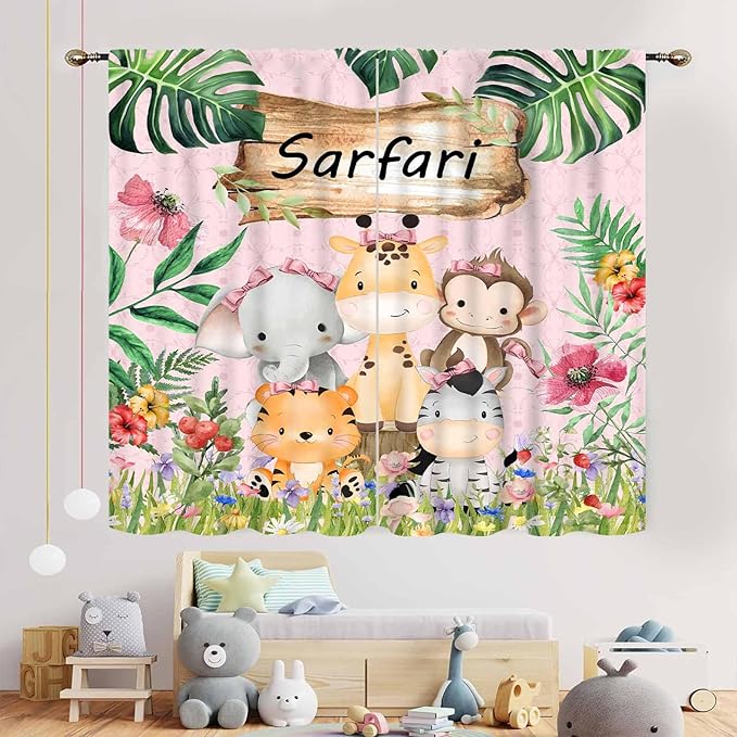 Kids Safari Animals Curtains, Cartoon Giraffe Elephant Monkey Woodland Jungle Tropical Leaf Pink Window Curtains for Boys Girls Baby Living Room Bedroom Nursery Classroom 2 Panels, 42"x54" Inch