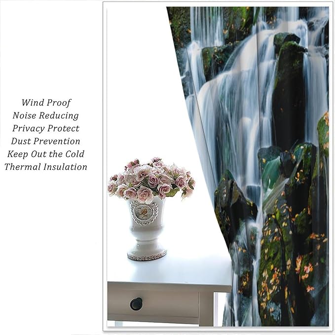 Waterfall Blackout Window Curtains, Forest Nature Landscape Theme Pattern Print Window Drapes, for Living Room Bedroom 52" W X 84" L