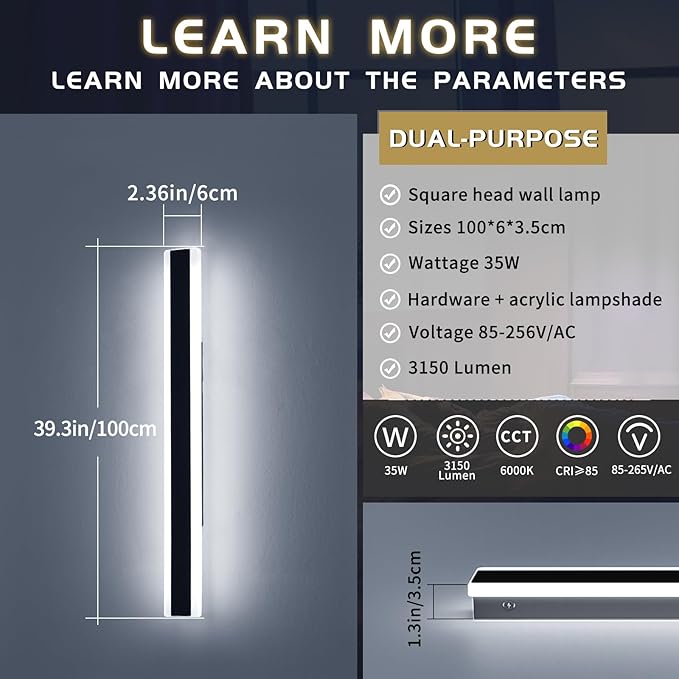 Mikeru 39.3inch Long Led Wall Light, 6000k Cool White Modern Outdoor Wall Light