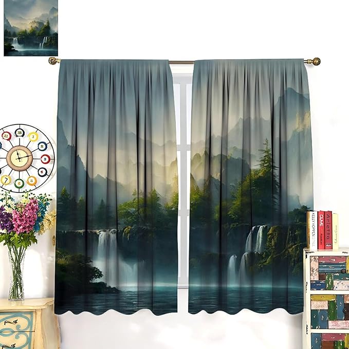 Landscape Theme Waterfall Blackout Curtains, Waterfall Mountains Jungle Printed Natural Scenery Window Drapes, for Bedroom Living Room 84" W X 84" L