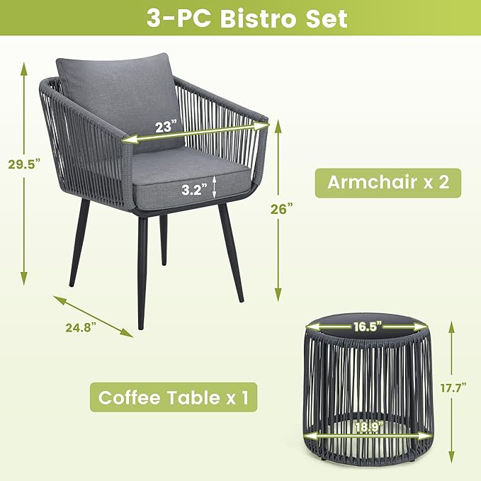 Kromax 3 Pieces Patio Rattan Bistro Conversation Set, Outdoor All-Weather Wicker Furniture Chairs and Side Table Set Ideal for Balcony, Porch and Backyard, Grey