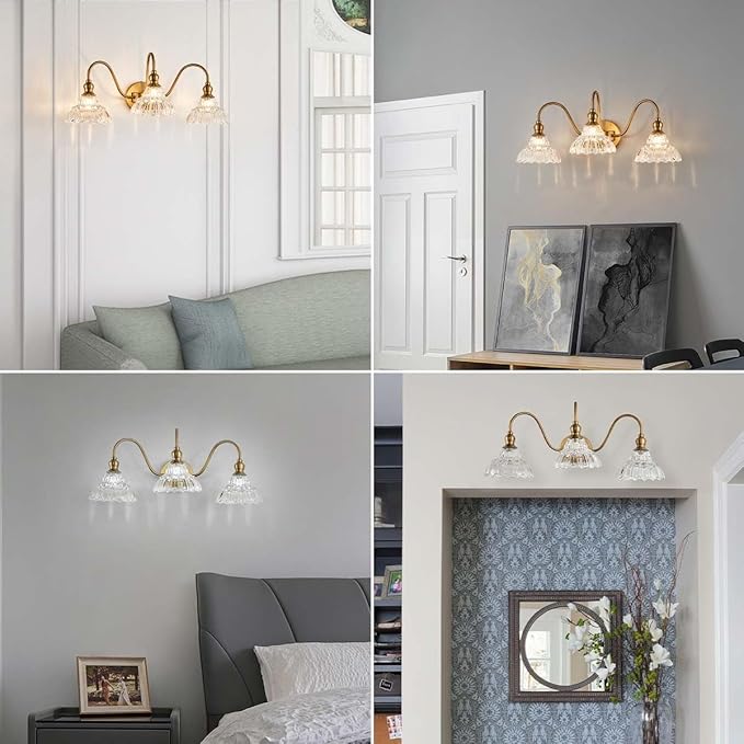 Vintage 3-Light Wall Sconces Modern Brass Bathroom Vanity Lighting Fixtures