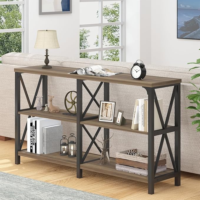 LVB Rustic Console Table, Wood Metal Entryway Table Behind Couch, Industrial Sofa Table with 3 Tier Storage Shelf, Modern Wooden Foyer Hallway Table for Entry Living Room Bedroom, Rustic Oak, 47 Inch