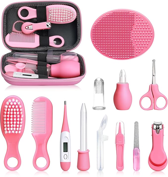 Baby Grooming and Healthcare Kit, Infant Safety Care Set with Hair Brush Comb Nail Clipper Nasal Aspirator,Baby Essentials Kit for Newborn Girls Boys (13 in 1, Pink)