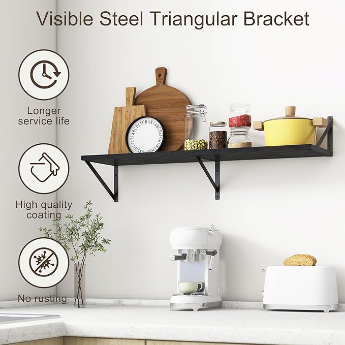 36"W x 10"D Floating Shelves, 10 Inch Deep Black Floating Shelves, Farmhouse Rustic Deep Wall Shelves for Home Decor, Wide Large Floating Shelf for Bathroom, Living Room, Kitchen, Study Room