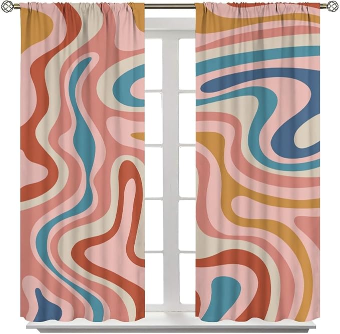 70S Abstract Wavy Swirl Curtain for Bedroom Windows,Retro Boho Minimal Teen Girls Kids Living Room Restroom Window Treatments Drapes 63" W X 72" L