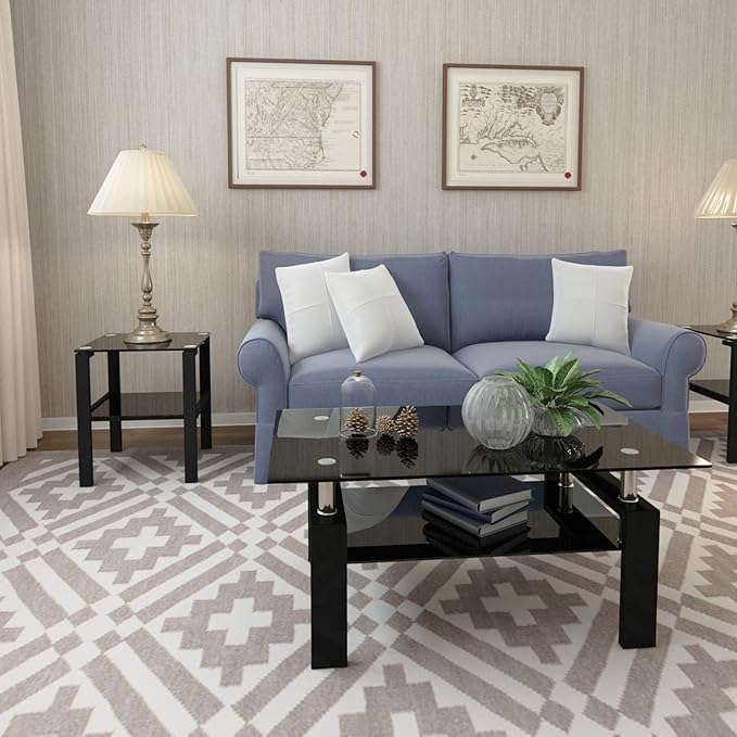 Black Glass Coffee Table for Living Room, Mordern Rectangle Tempered Glass Sofa Center Tables with Black Metal Leg for Home Office