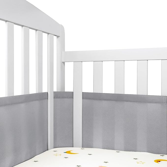 Breathable Mesh Crib Liner for Protecting Baby Legs and Arms, Block The Pacifier from Falling, 11" H (28cm) Essential 3mm Breathable Mesh Liner Around 3 or 4 Side Full-Size Crib, Grey