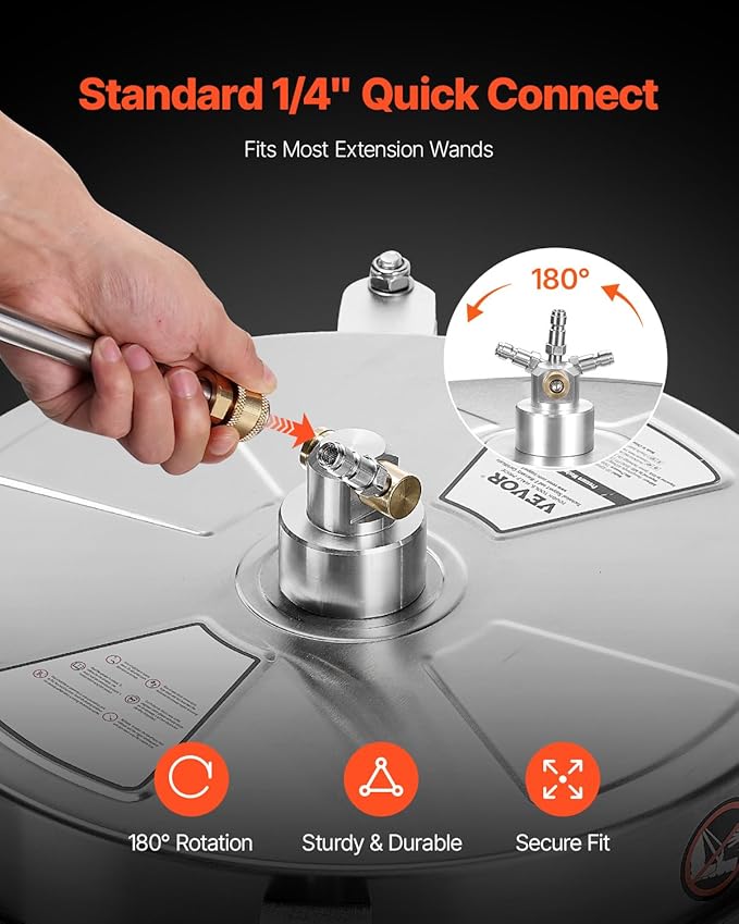 VEVOR 16.5" Pressure Washer Surface Cleaner, Stainless Steel Pressure Washer Attachments with 4 Wheels, 4000 Max PSI, 1/4 Quick Connector, 2 Spray Nozzles, 2 Extended Wands for Concrete, Patio, Deck