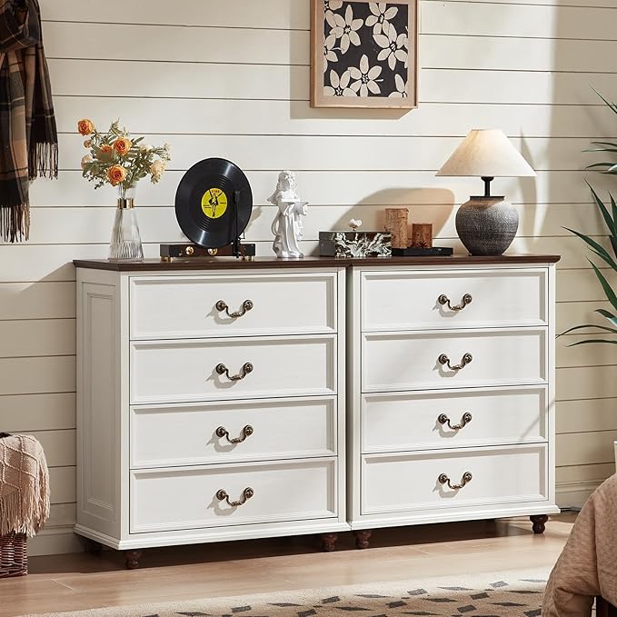 Farmhouse 4 Drawer Dresser for Bedroom, 37" Tall Rustic Chests of Drawers w/ 4 Solid Wood Feet, Mid Century Modern Wooden Closet Storage Dressers Organizer for Living Room, Hallway, White