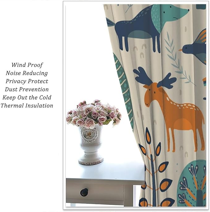 Kids Forest Animal Curtains, Rustic Cartoon Cute Wild Animal Window Treatments Woodland Safari Animal Fox Deer Bear Window Drapes for Girls Boys Nursery Toddler Bedroom 52x84in