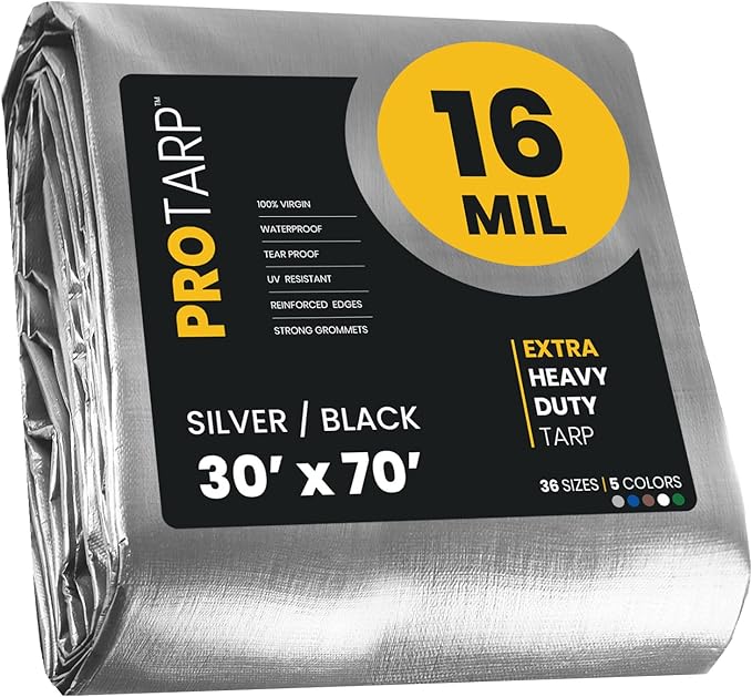 PROTARP Extra Heavy Duty 16 Mil Tarp Cover, Waterproof, UV Resistant, Rip and Tear Proof, Poly Tarpaulin with Reinforced Edges for Roof, Camping, Patio, Pool, Boat. (Silver/Black 30′ X 70′)