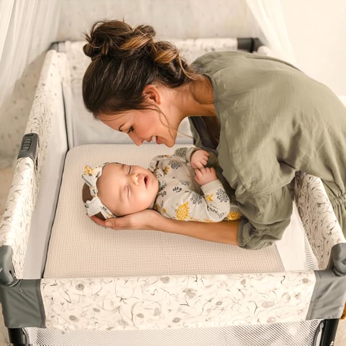 lulumoon Fitted Pack and Play Sheets: Soft Muslin Cotton for 4moms Playard Mattress - Neutral Colors for Boys and Girls
