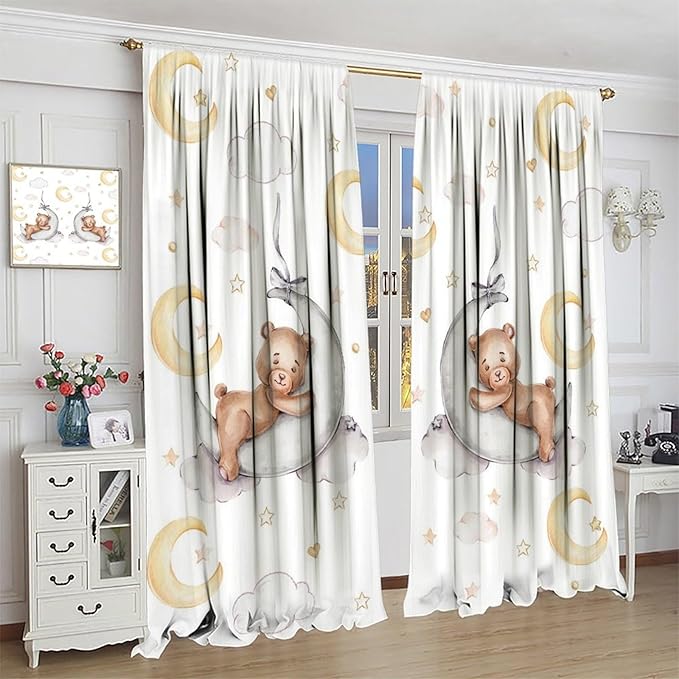 Cartoon Bear Curtains, Cartoon Watercolor Lovely Bear Moon Stars Printed Blackout Window Treatments, Rod Pocket Thermal Insulated Drapes 2 Panel Sets for Kids Bedroom Nursery Classroom, 55"W X 63"L