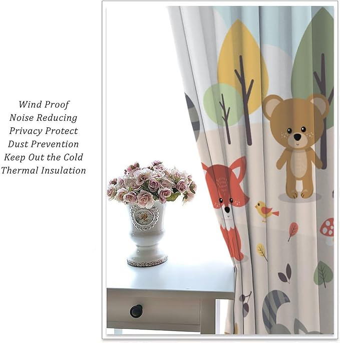 Kids Cartoon Forest Animal Curtains, Cute Woodland Animal Window Treatments for Bedroom Wildlife Fox Bear Deer Bunny Bird Blackout Window Drapes for Girls Boys Nursery Toddler Playroom 63x72in