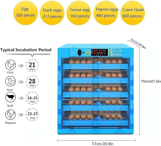 Egg Incubator Automatic Turning Digital Hatcher Machine Poultry Breeder with Temperature Control and LED Candler for Hatching Chickens Duck Quail Birds 320 Eggs