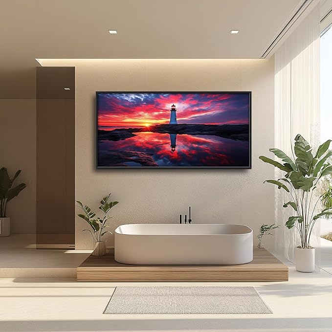 Olivine Lighthouse Wall Art, Nautical Coastal Pictures Wall Decor, Beach Sunset Paintings, Ocean Canvas Prints, Framed Artwork for Bathroom Bedroom Living Room Office Home Decoration 60"x30"