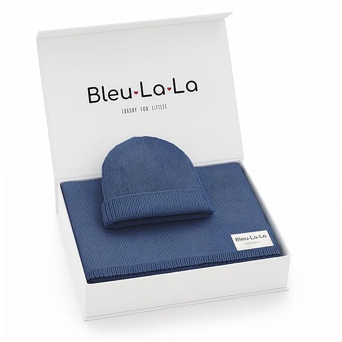 Luxe Collection 100% Organic Cotton Luxury Knit Baby Blanket + Hat Set (Denim Blue)