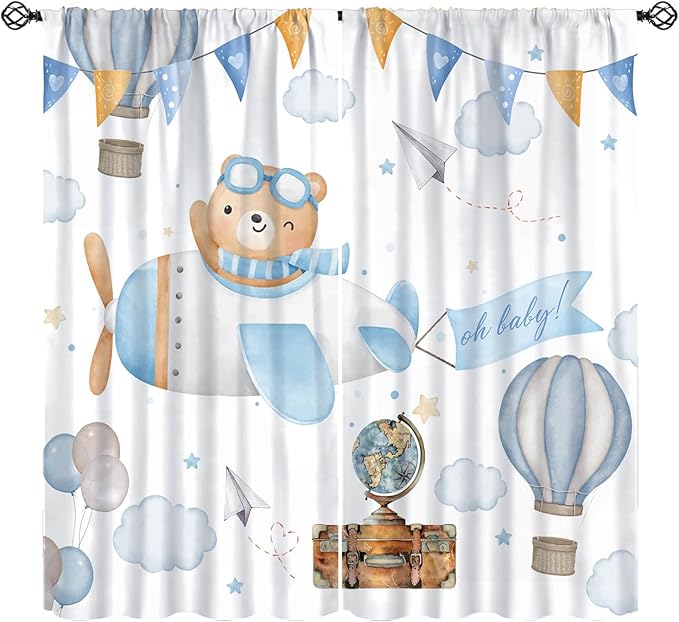 Blue Bear Curtains, Cute Lovely Bear Adventure Airplane Cloud Pastel Blackout Window Treatments, Rod Pocket Thermal Insulated Drapes 2 Panel Sets for Kids Bedroom Nursery Classroom, 63"W X 63"L