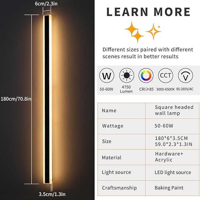Mikeru 2pack 71inch Outdoor Wall Light Fixtures, 10%-100% Dimmable Outdoor Wall