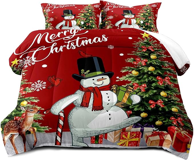 LUVIVIHOME 3PCS Merry Christmas Comforter Set King Size, Boys Girls Kids Bedding, Cartoon Funny Cute Snowman Deer Elk Cardinal Snowflake Xmas Tree Christmas Bedroom Decor, Red Quilt, 2 Pillow Shams